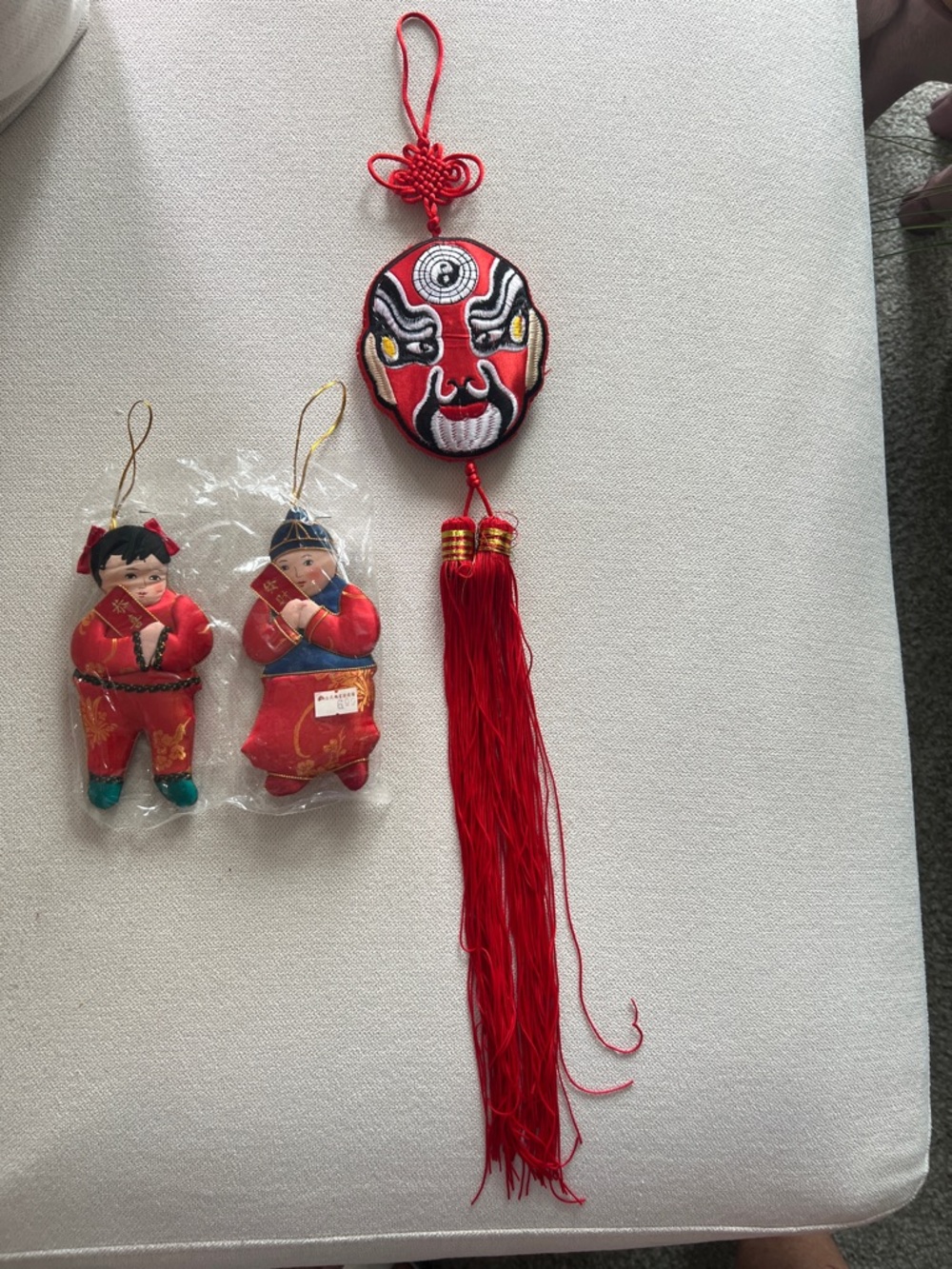 Red Chinese Opera Face Tassel Hanging Decoration and two Chinese dolls